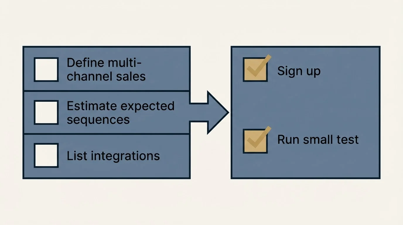 Before-and-after steps: Getting Started Checklist (Define multi-channel sales, Estimate expected sequences, List integrations, Sign up)