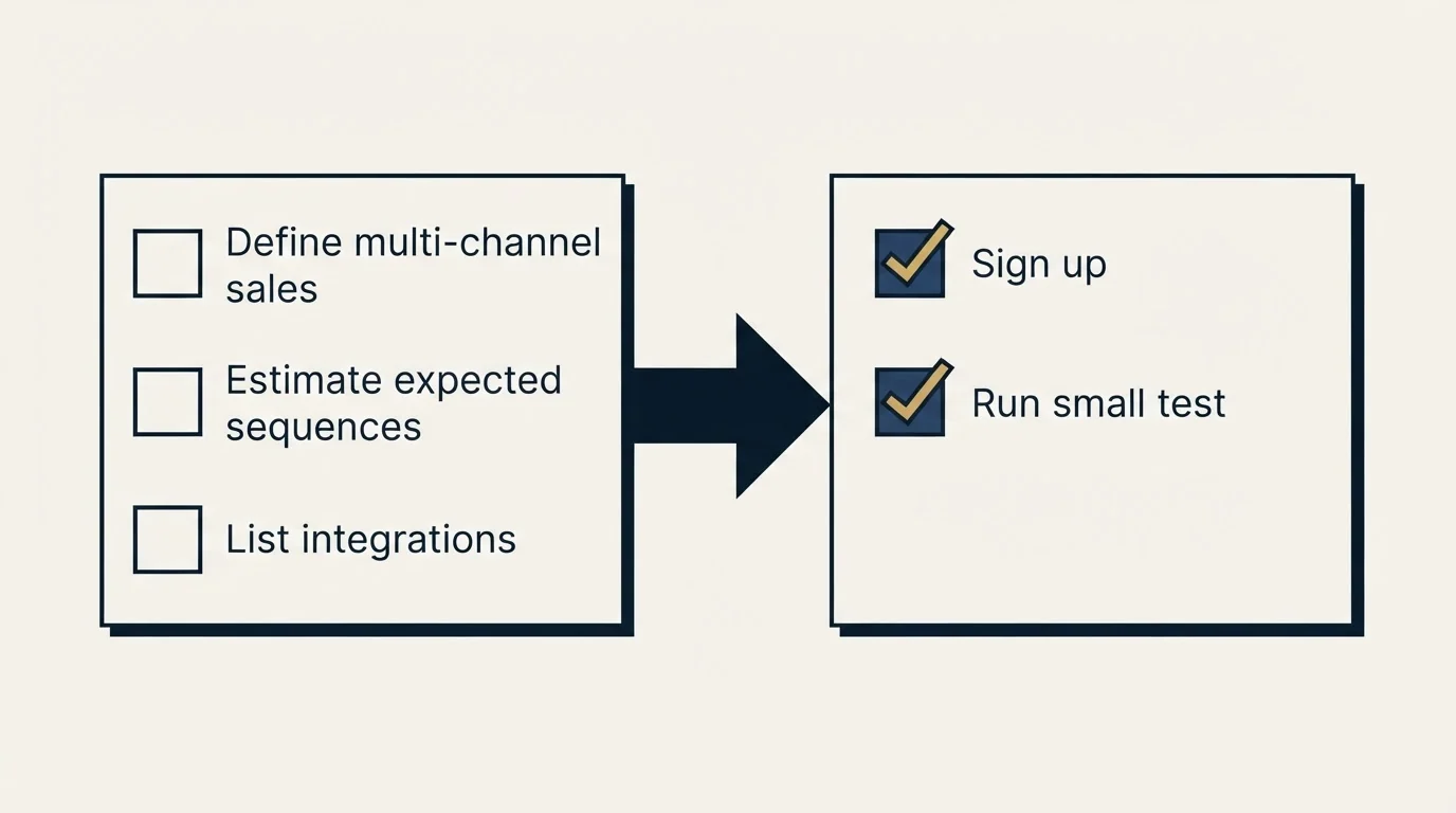 Before-and-after steps: Getting Started Checklist (Define multi-channel sales, Estimate expected sequences, List integrations, Sign up)