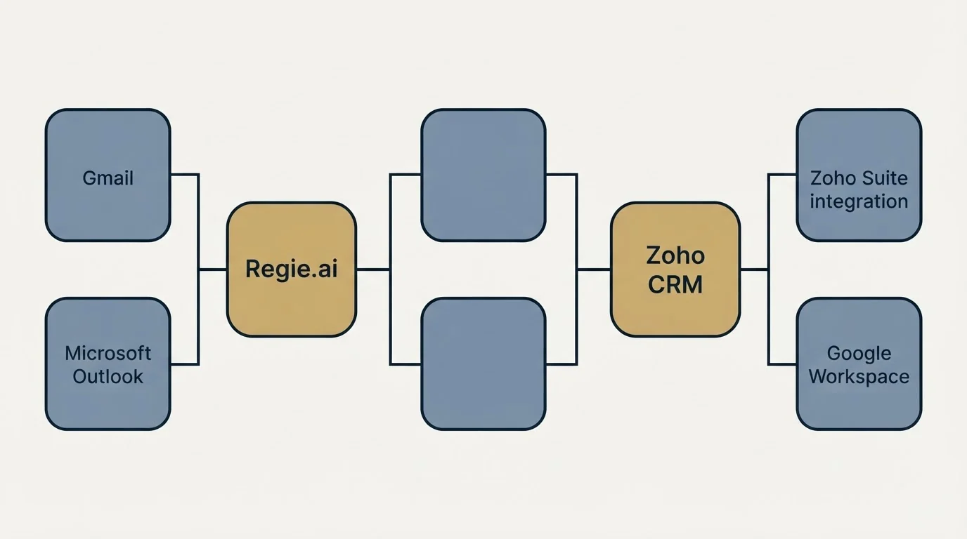 Integration flow: Integration Ecosystem (Regie.ai, Zoho CRM, Gmail, Zoho Suite integration)