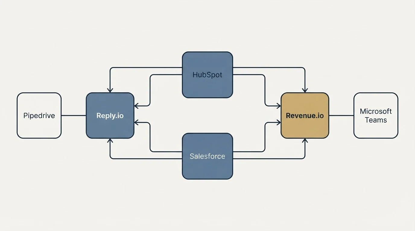 Integration schematic: Integration Ecosystem (Reply.io, Revenue.io, HubSpot, Salesforce)