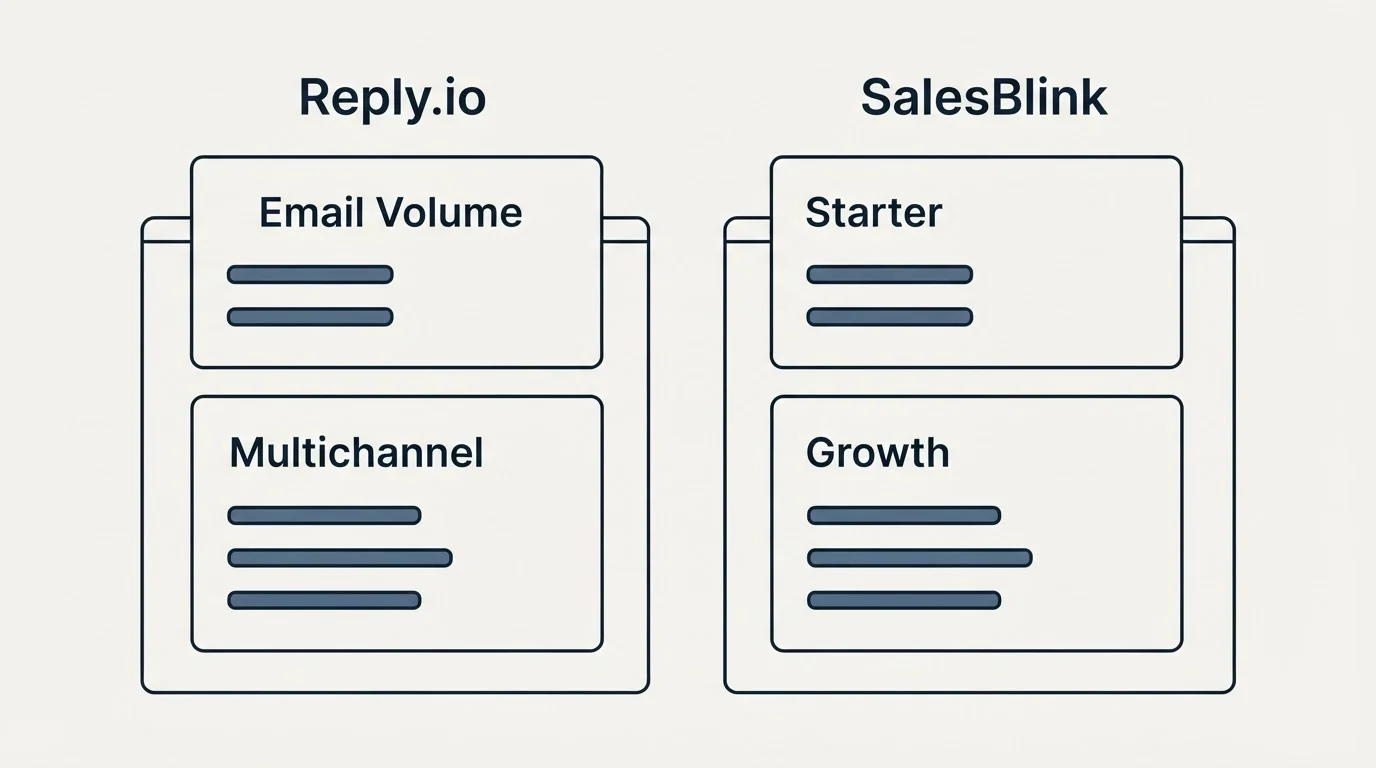 Pricing panels: Pricing Comparison (Reply.io, SalesBlink, Email Volume, Starter)