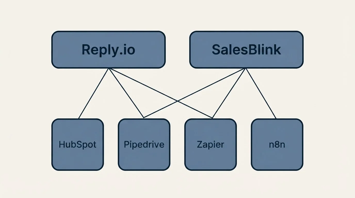 Integration grid: Integration Ecosystem (Reply.io, SalesBlink, HubSpot, Pipedrive)