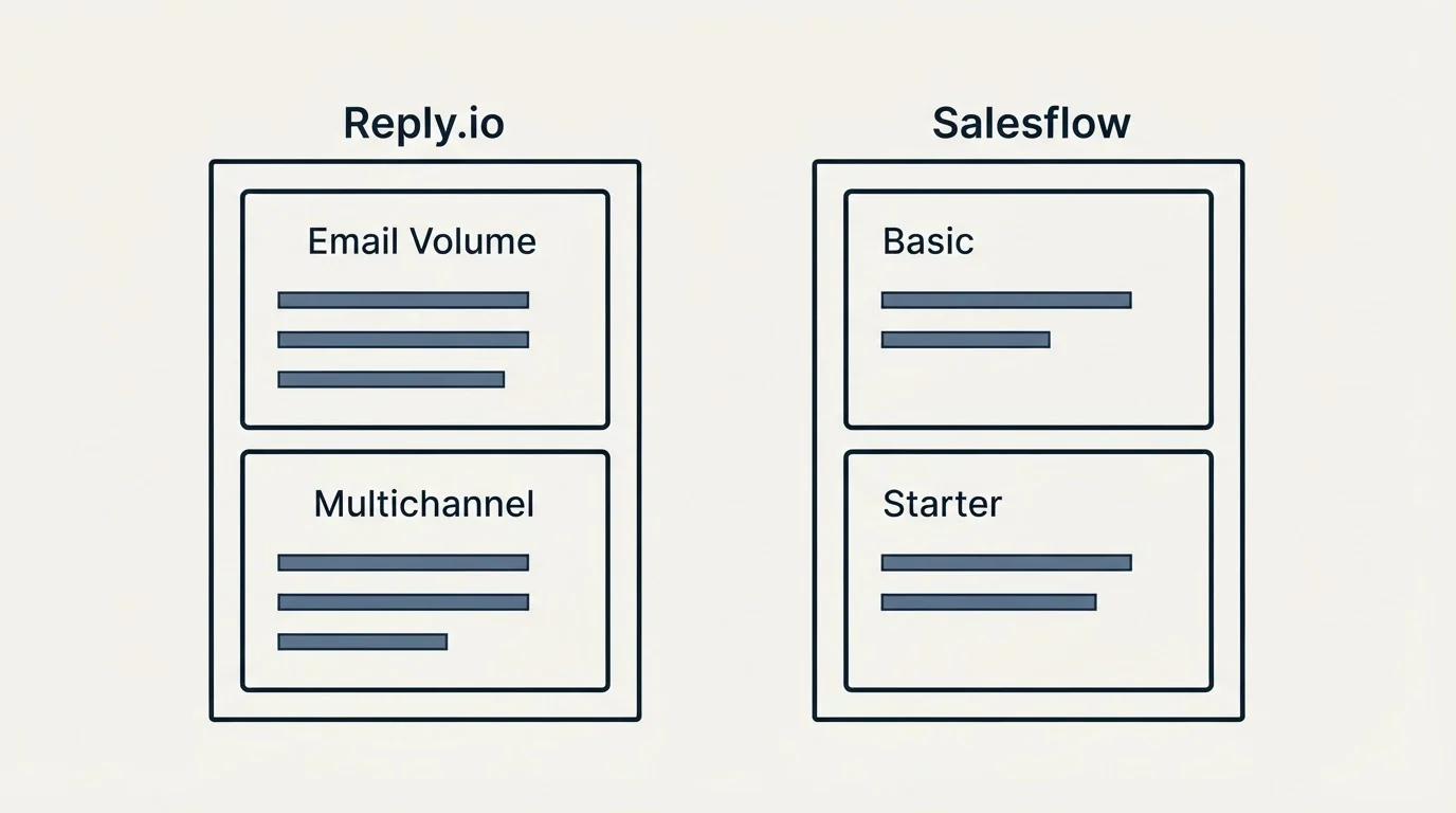 Pricing panels: Pricing Comparison (Reply.io, Salesflow, Email Volume, Basic)