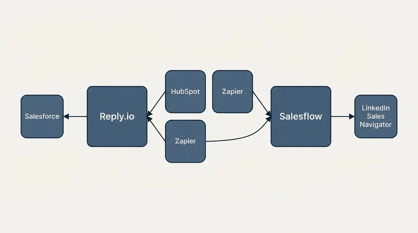Integration schematic: Integration Ecosystem (Reply.io, Salesflow, HubSpot, Zapier)