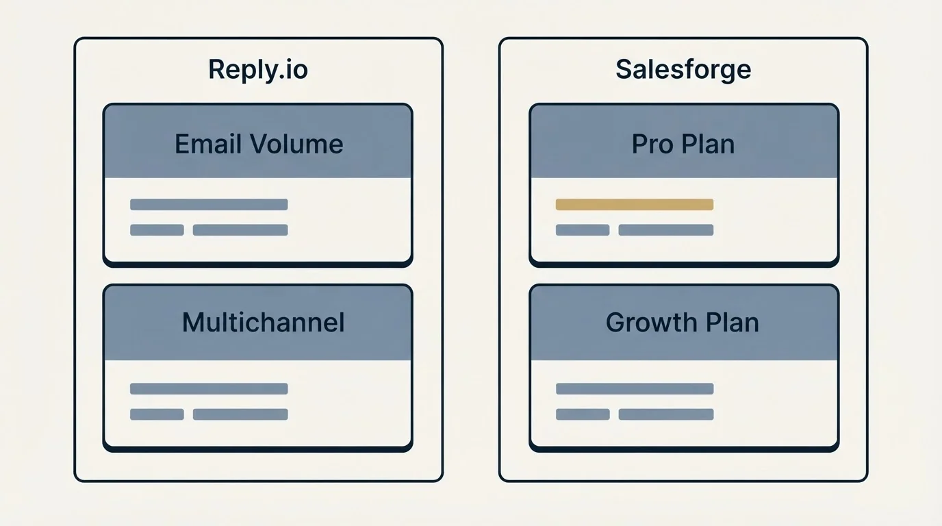 Pricing panels: Pricing Comparison (Reply.io, Salesforge, Email Volume, Pro Plan)