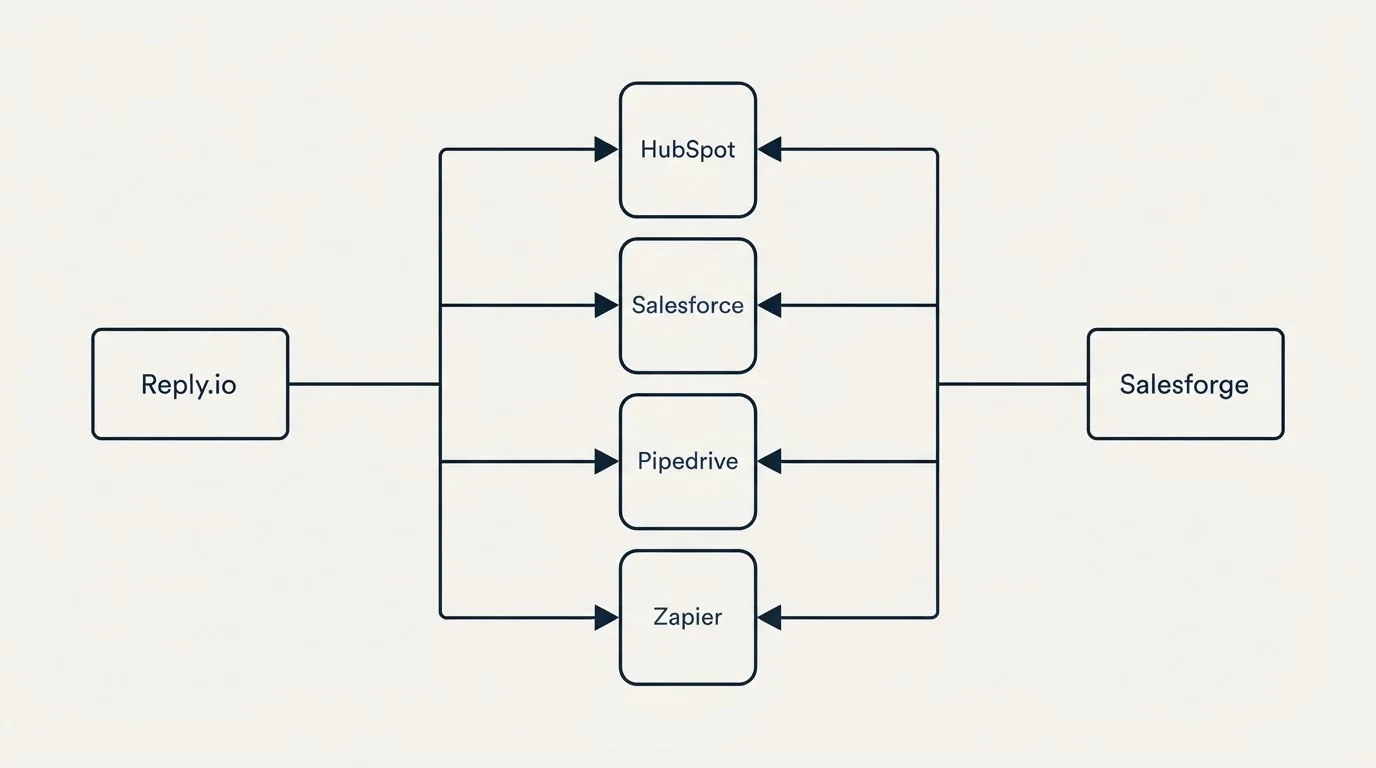 Integration flow: Integration Ecosystem (Reply.io, Salesforge, HubSpot, Salesforce)