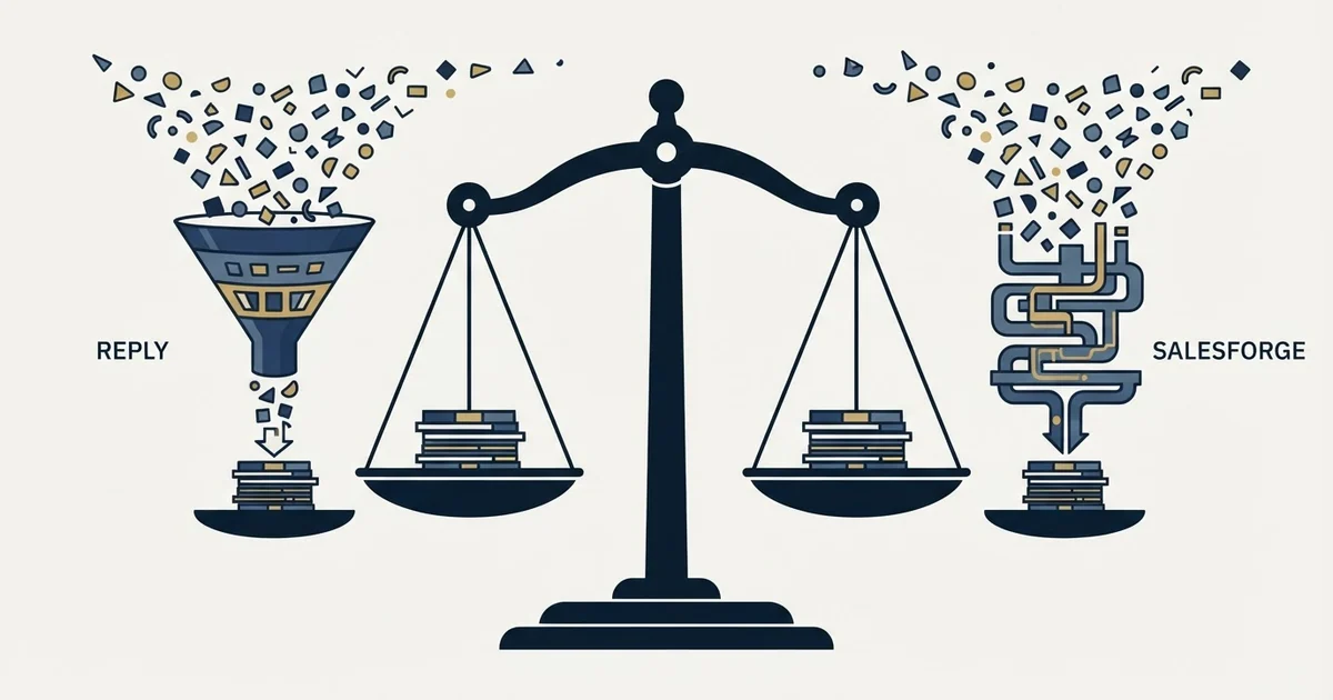 Editorial illustration for Reply.io vs Salesforge