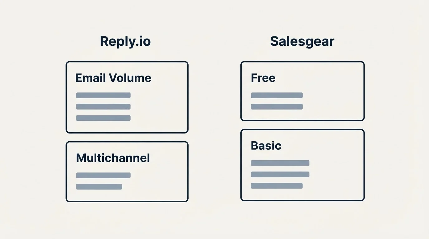 Pricing panels: Pricing Comparison (Reply.io, Salesgear, Email Volume, Free)