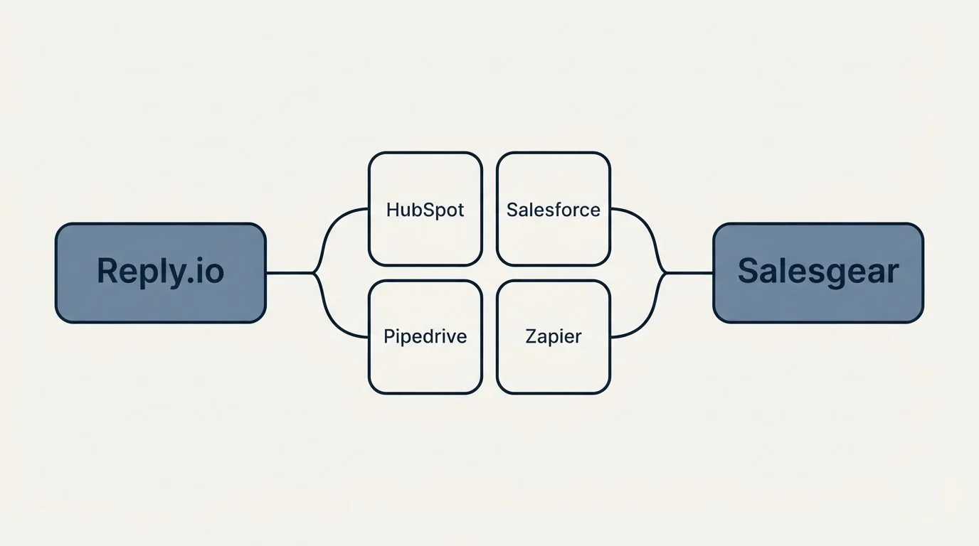 Integration schematic: Integration Ecosystem (Reply.io, Salesgear, HubSpot, Salesforce)