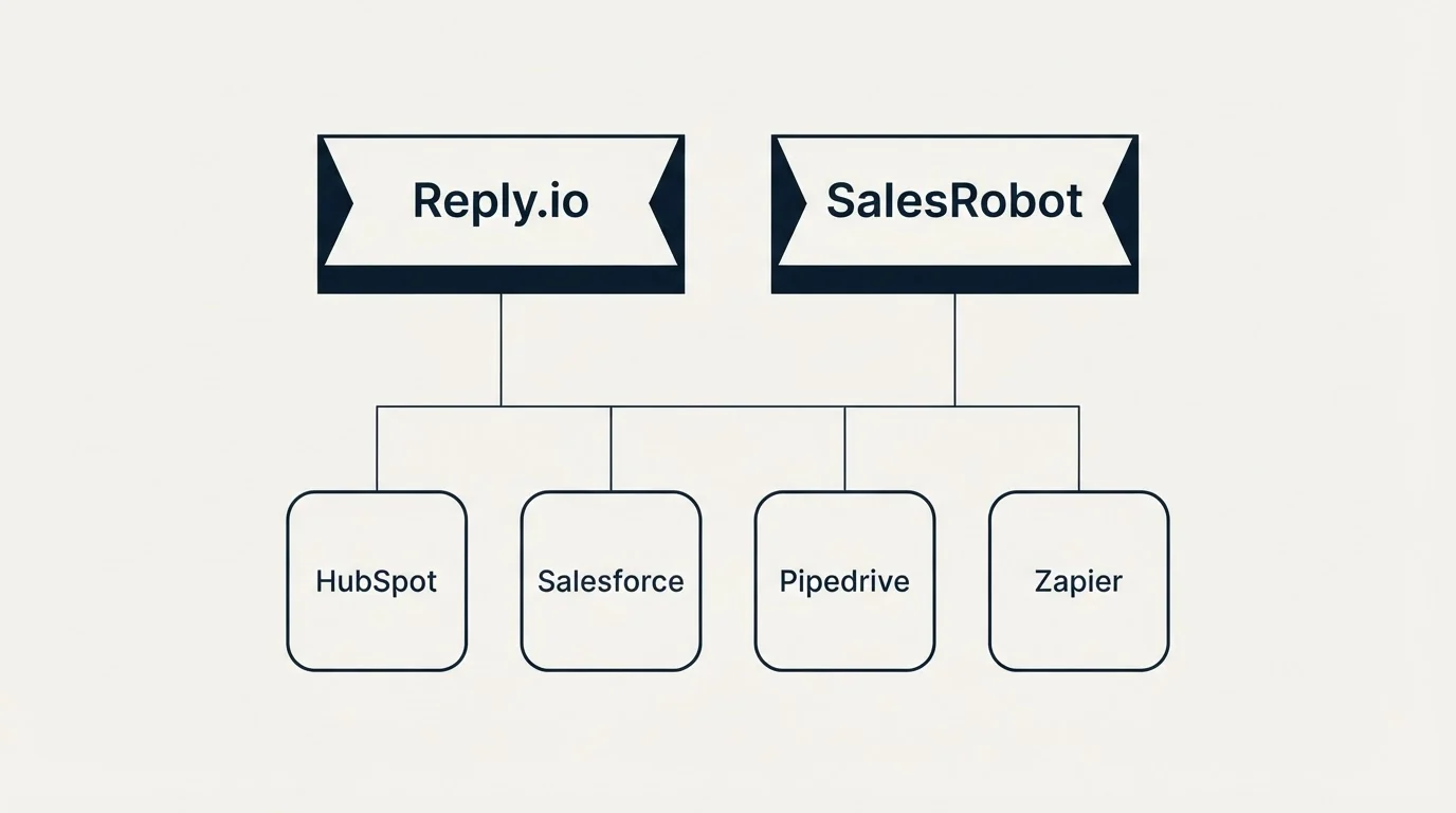 Integration grid: Integration Ecosystem (Reply.io, SalesRobot, HubSpot, Salesforce)