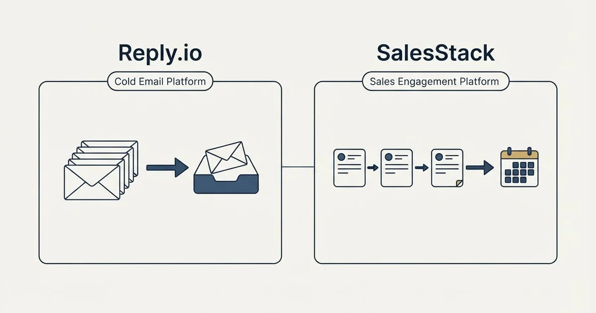 Side-by-side panels: Reply.io vs SalesStack (Cold Email Platform, Sales Engagement Platform)