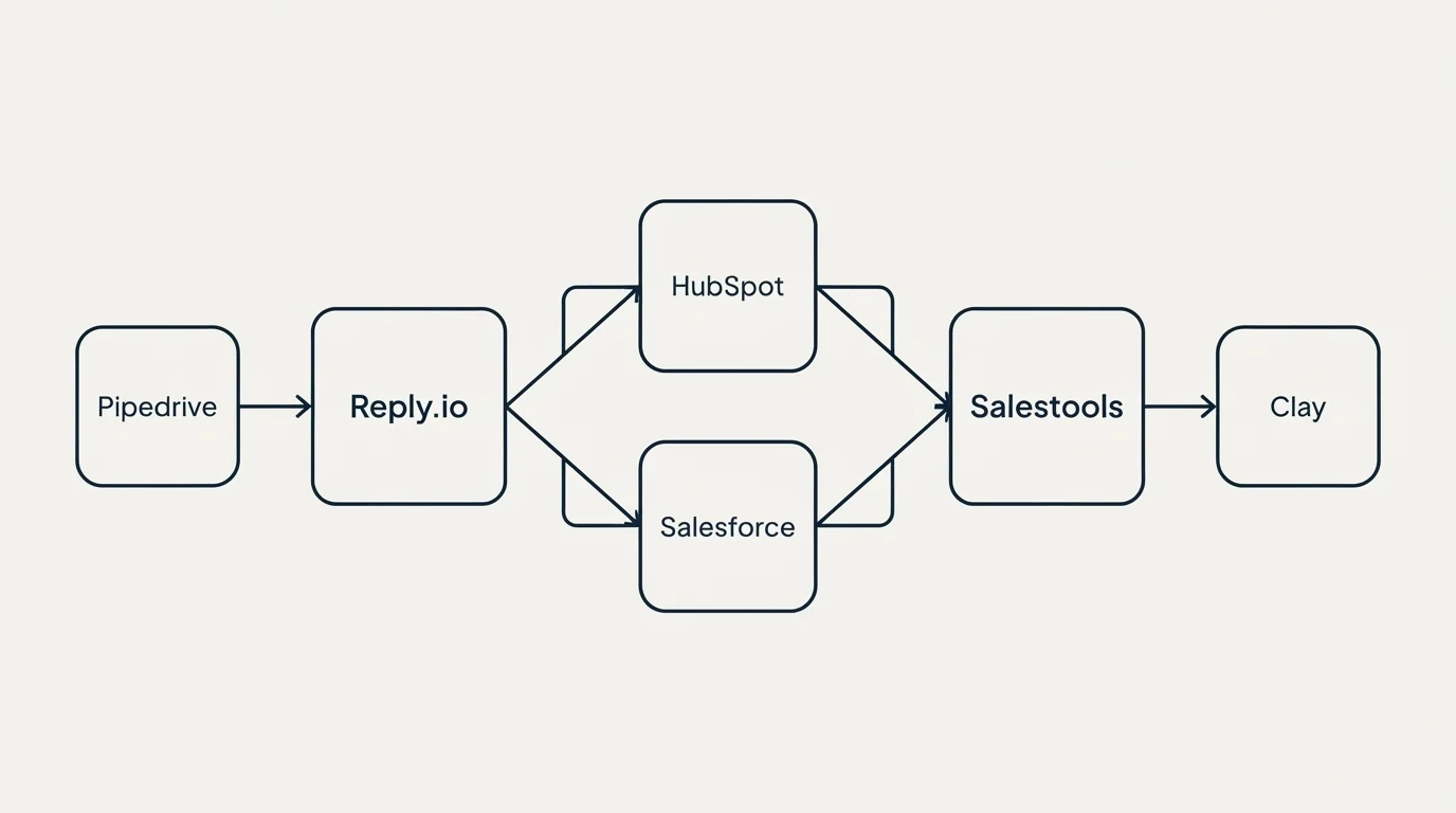 Integration schematic: Integration Ecosystem (Reply.io, Salestools, HubSpot, Salesforce)