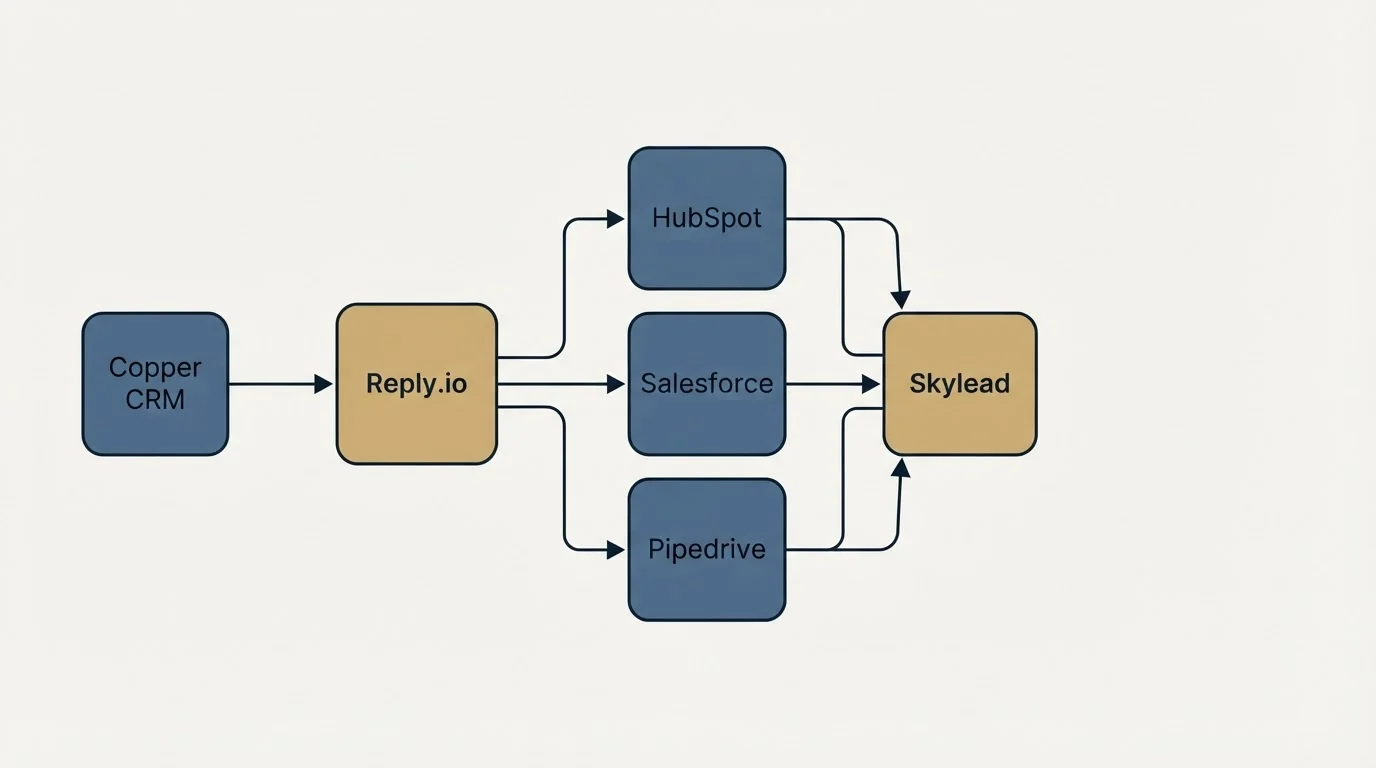 Integration schematic: Integration Ecosystem (Reply.io, Skylead, HubSpot, Salesforce)