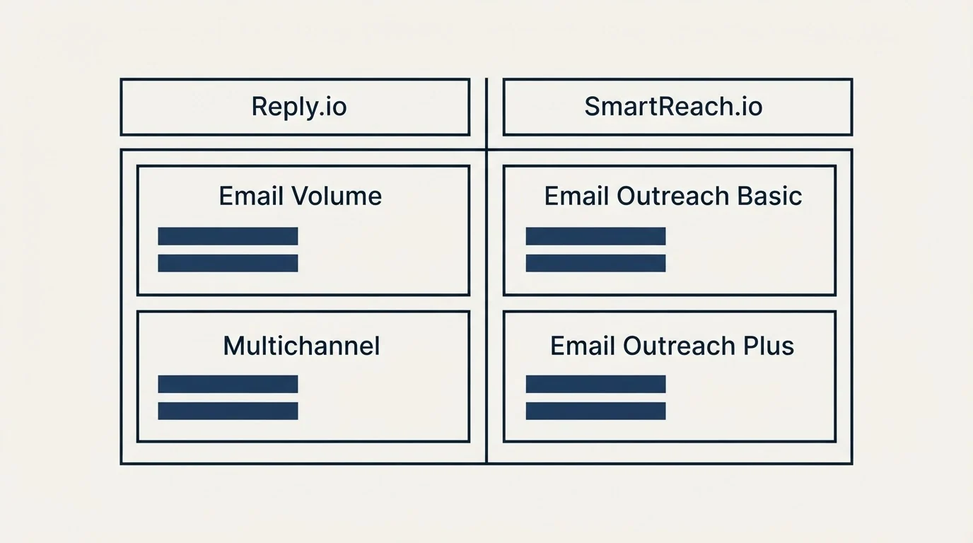 Pricing table: Pricing Comparison (Reply.io, SmartReach.io, Email Volume, Email Outreach Basic)