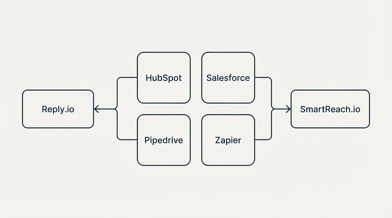 Integration schematic: Integration Ecosystem (Reply.io, SmartReach.io, HubSpot, Salesforce)