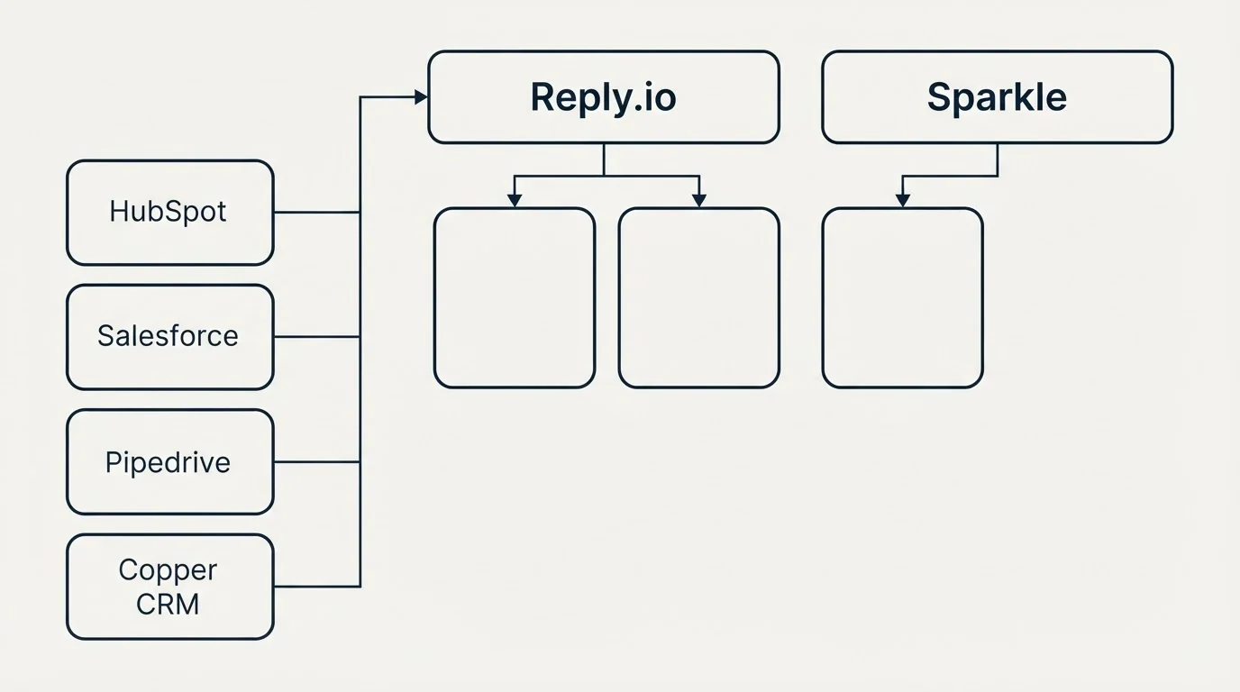 Integration grid: Integration Ecosystem (Reply.io, Sparkle, HubSpot, Salesforce)