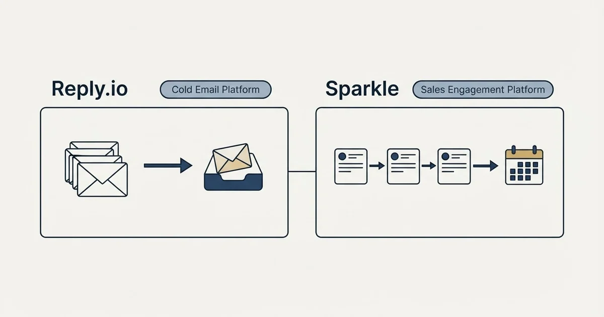 Side-by-side panels: Reply.io vs Sparkle (Cold Email Platform, Sales Engagement Platform)