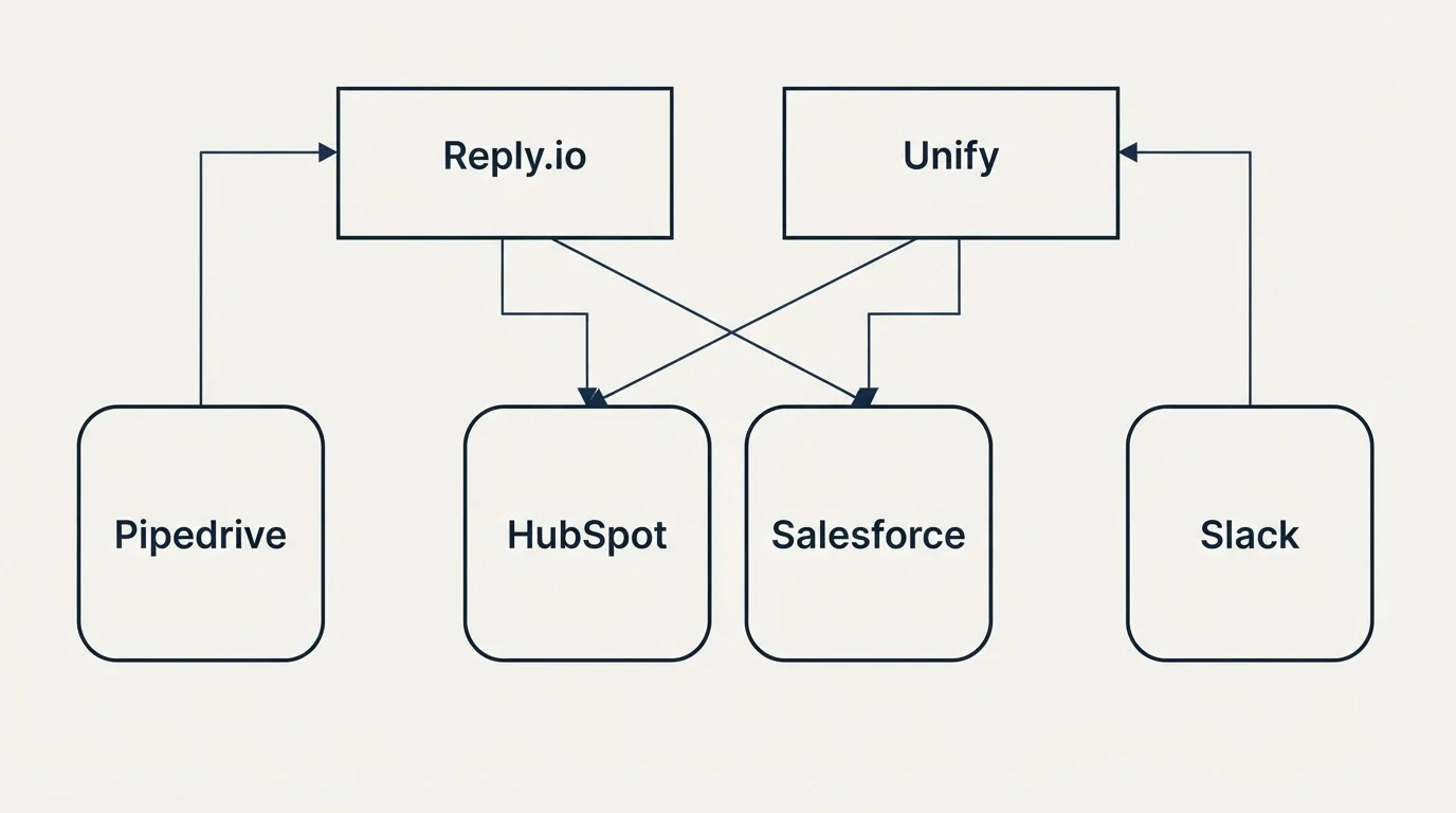 Integration grid: Integration Ecosystem (Reply.io, Unify, HubSpot, Salesforce)