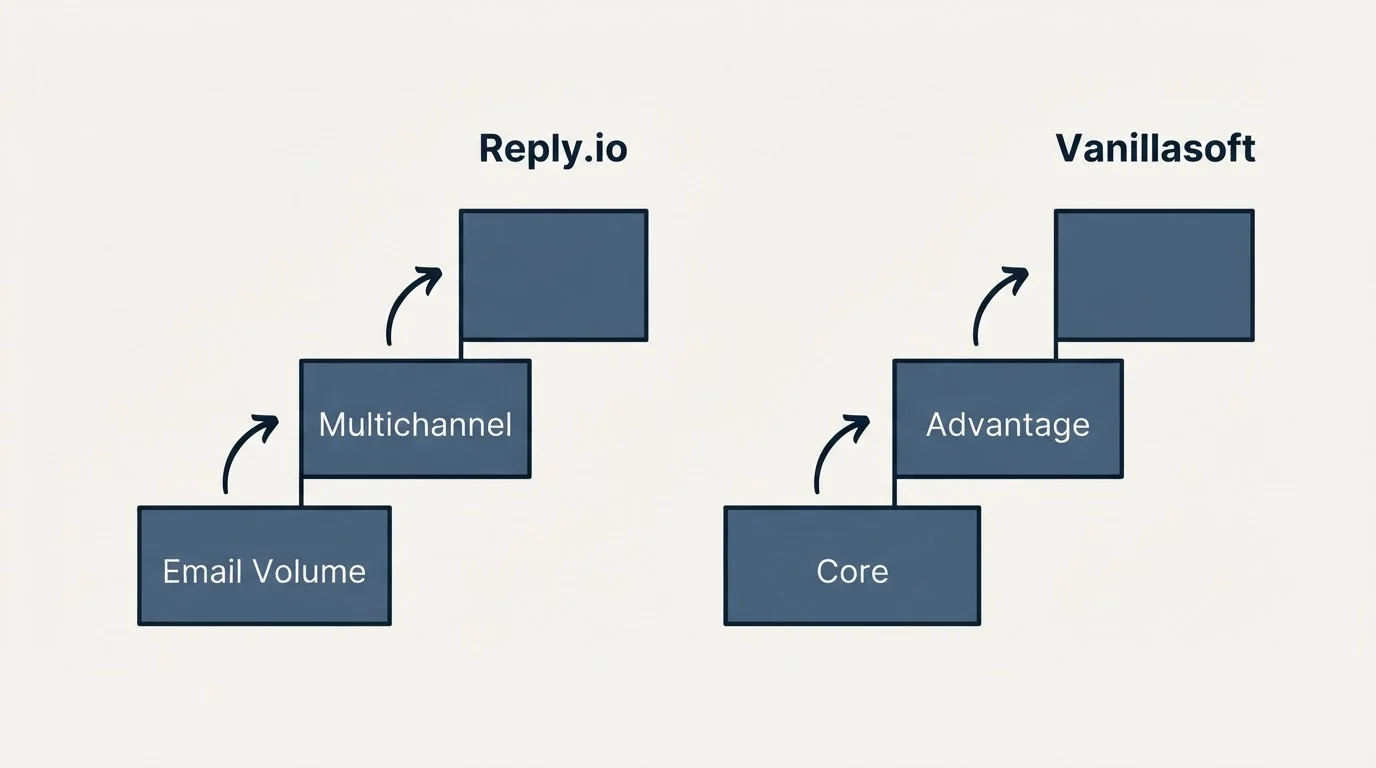 Pricing ladder: Pricing Comparison (Reply.io, Vanillasoft, Email Volume, Core)