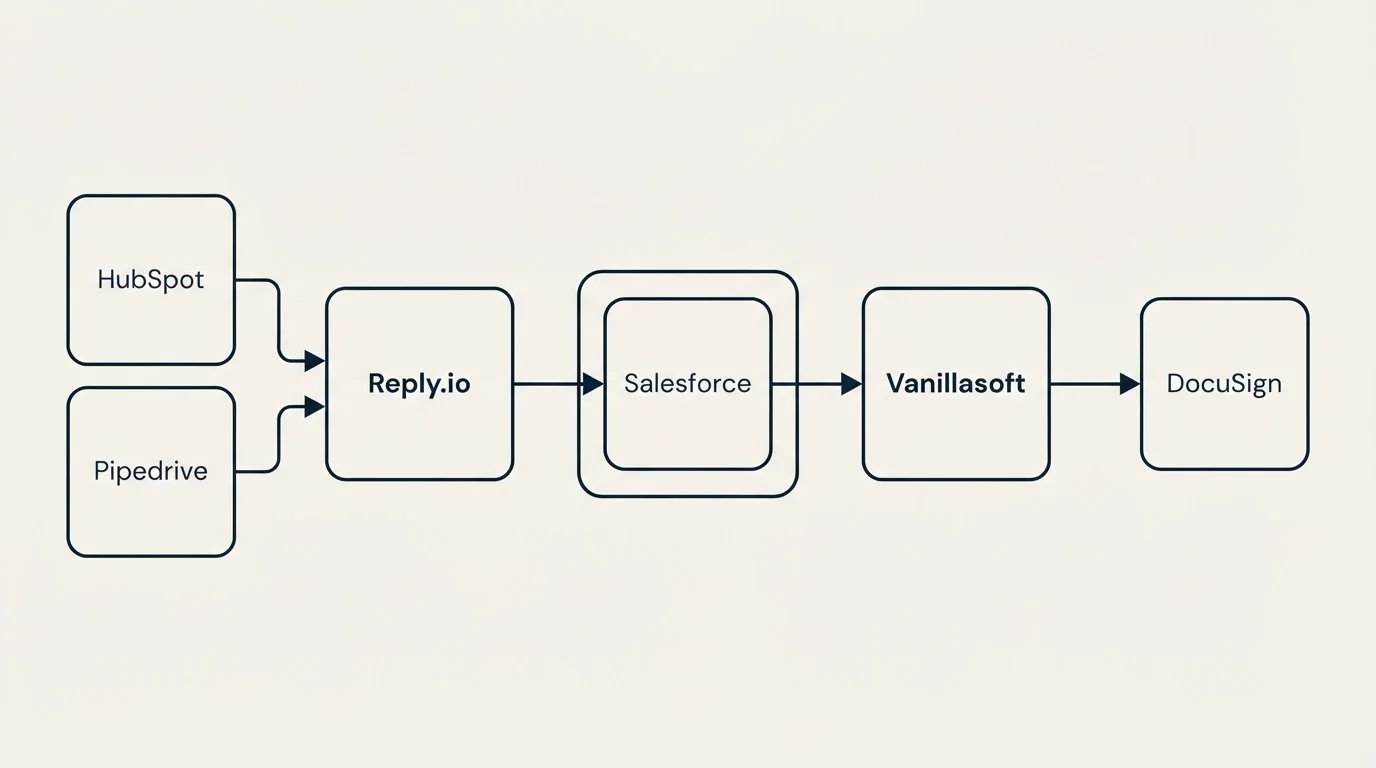 Integration schematic: Integration Ecosystem (Reply.io, Vanillasoft, Salesforce, HubSpot)