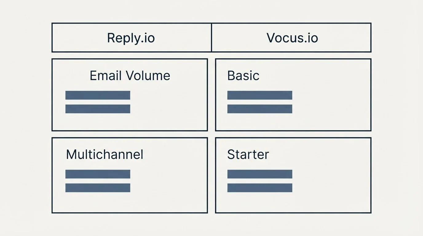 Pricing table: Pricing Comparison (Reply.io, Vocus.io, Email Volume, Basic)