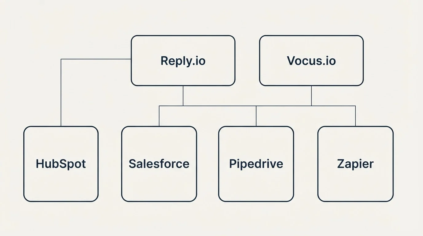 Integration grid: Integration Ecosystem (Reply.io, Vocus.io, Salesforce, Pipedrive)
