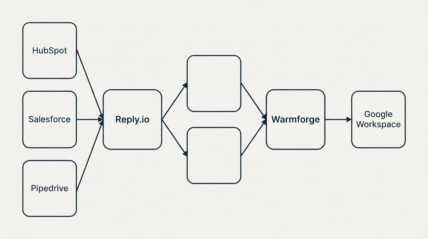Integration schematic: Integration Ecosystem (Reply.io, Warmforge, HubSpot, Google Workspace)