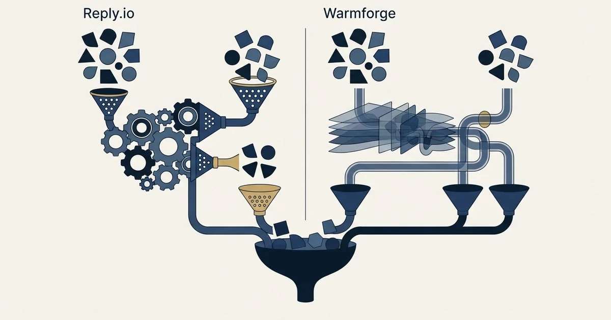 Editorial illustration for Reply.io vs Warmforge