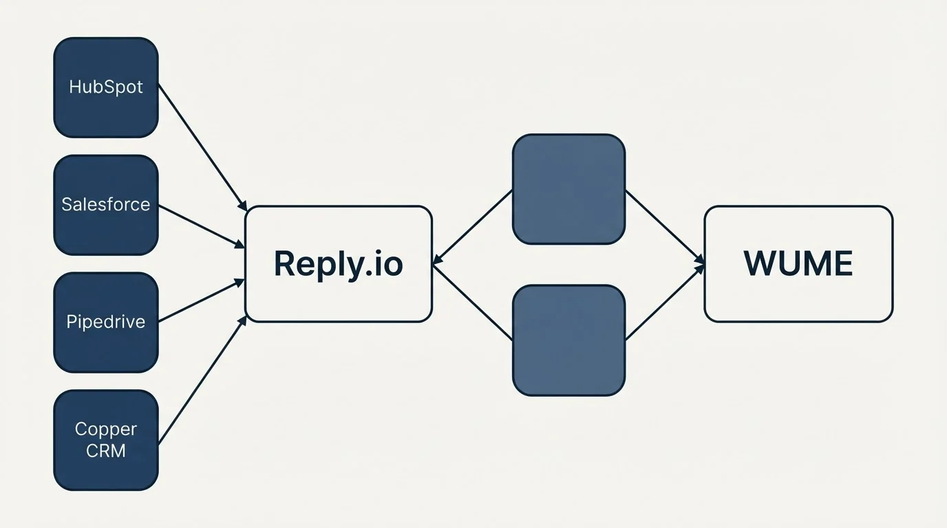 Integration schematic: Integration Ecosystem (Reply.io, WUME, HubSpot, Salesforce)