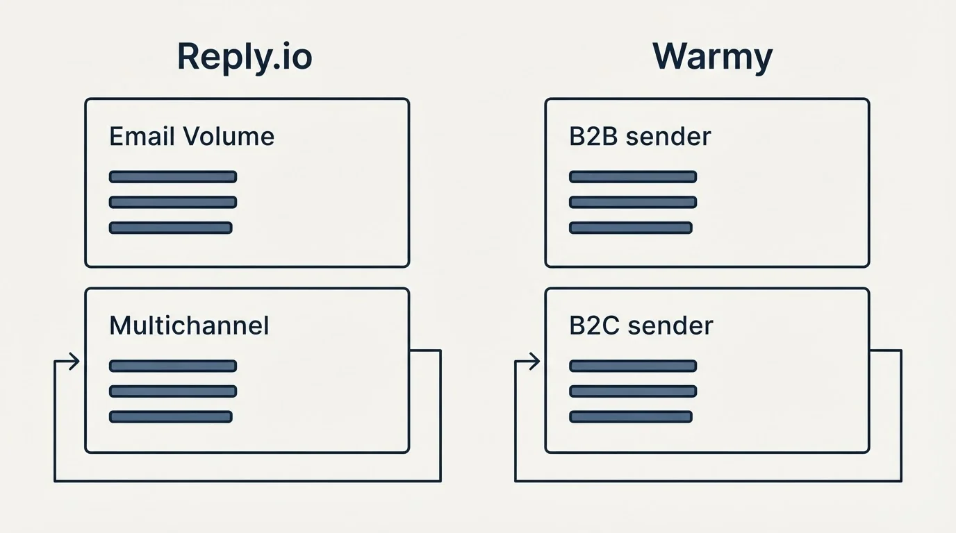Pricing panels: Pricing Comparison (Reply.io, Warmy, Email Volume, B2B sender)
