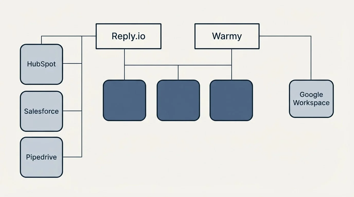 Integration grid: Integration Ecosystem (Reply.io, Warmy, HubSpot, Google Workspace)
