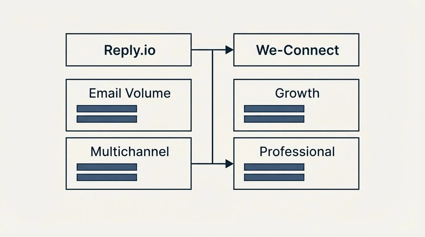 Pricing table: Pricing Comparison (Reply.io, We-Connect, Email Volume, Growth)