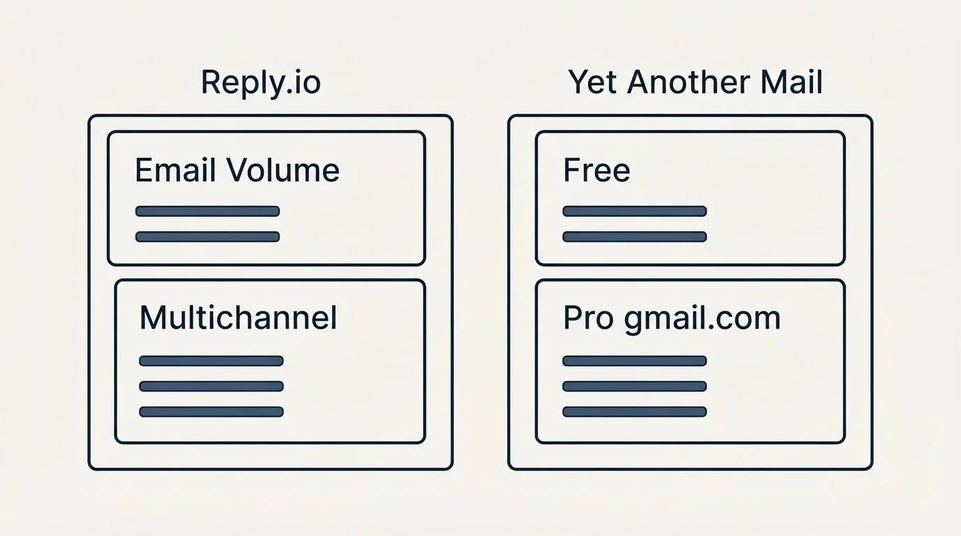 Pricing panels: Pricing Comparison (Reply.io, Yet Another Mail, Email Volume, Free)