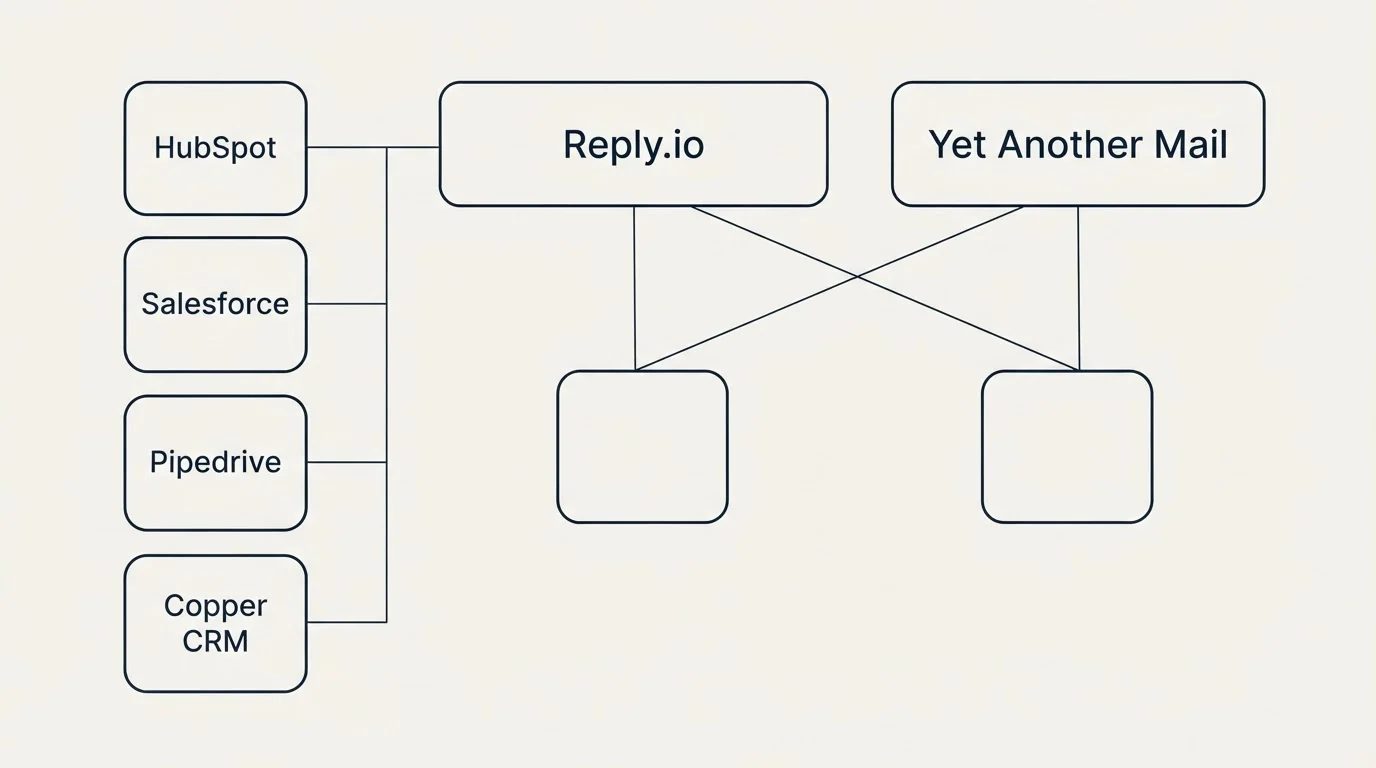 Integration grid: Integration Ecosystem (Reply.io, Yet Another Mail, HubSpot, Salesforce)
