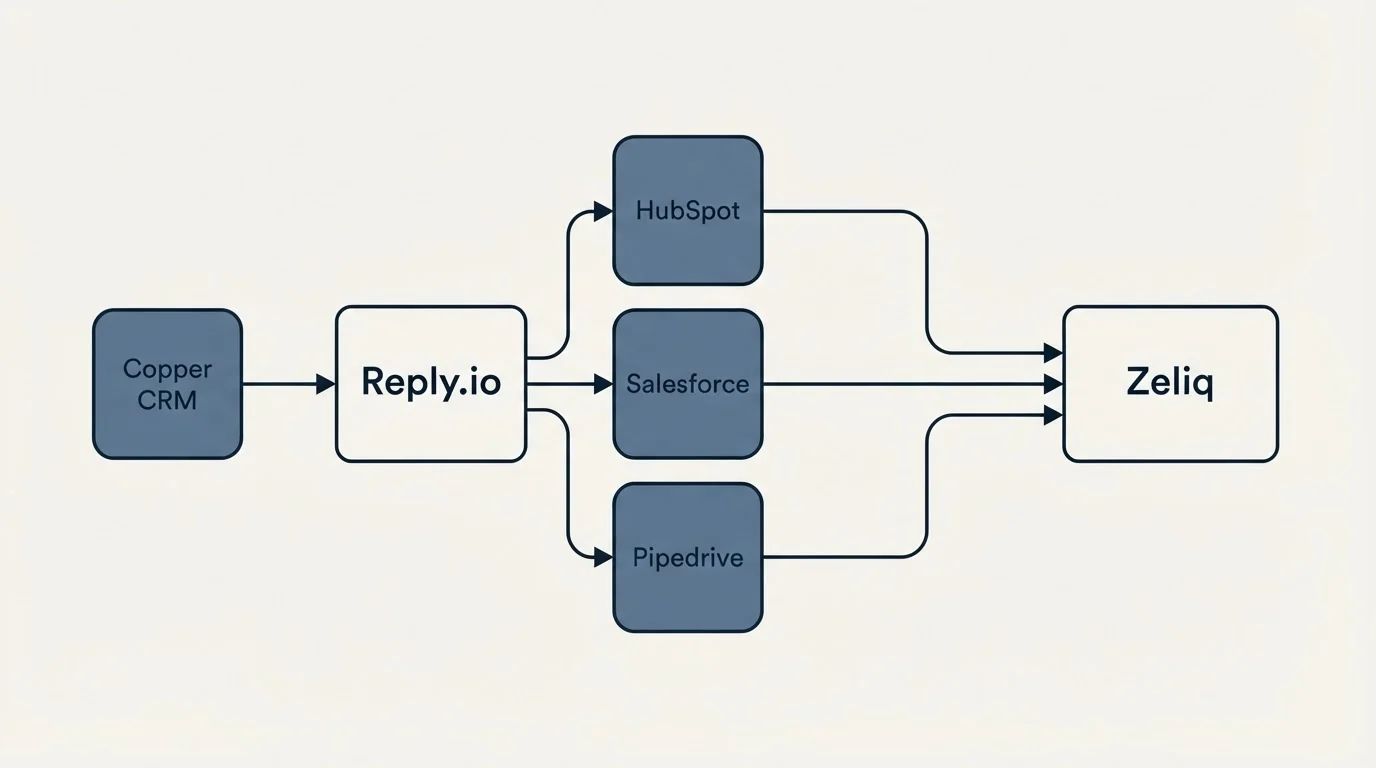Integration schematic: Integration Ecosystem (Reply.io, Zeliq, HubSpot, Salesforce)