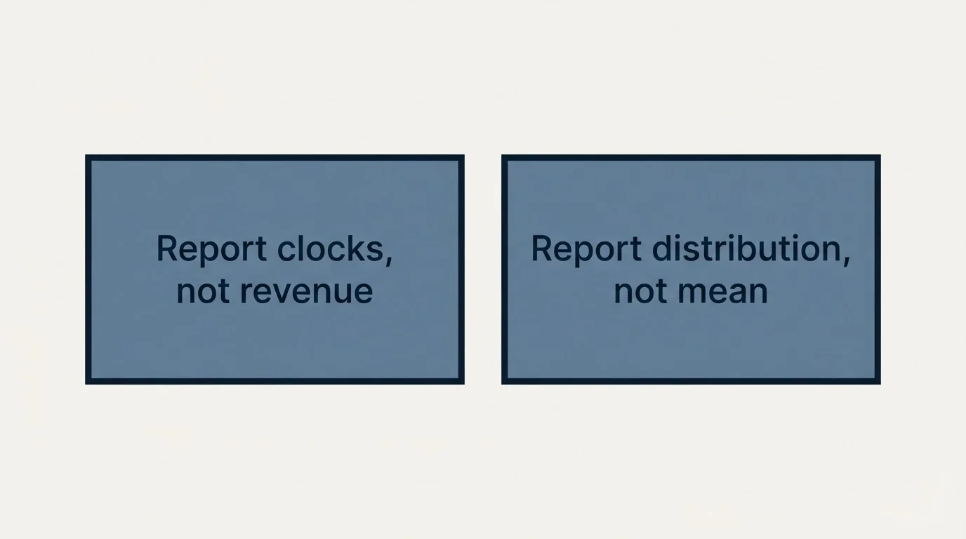 Schematic: Measuring it without flattering it (Report clocks, not revenue, Report distribution, not mean)