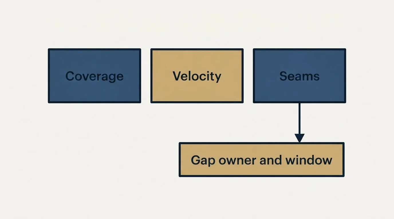Schematic: The short version (Coverage, Velocity, Seams, Gap owner and window)