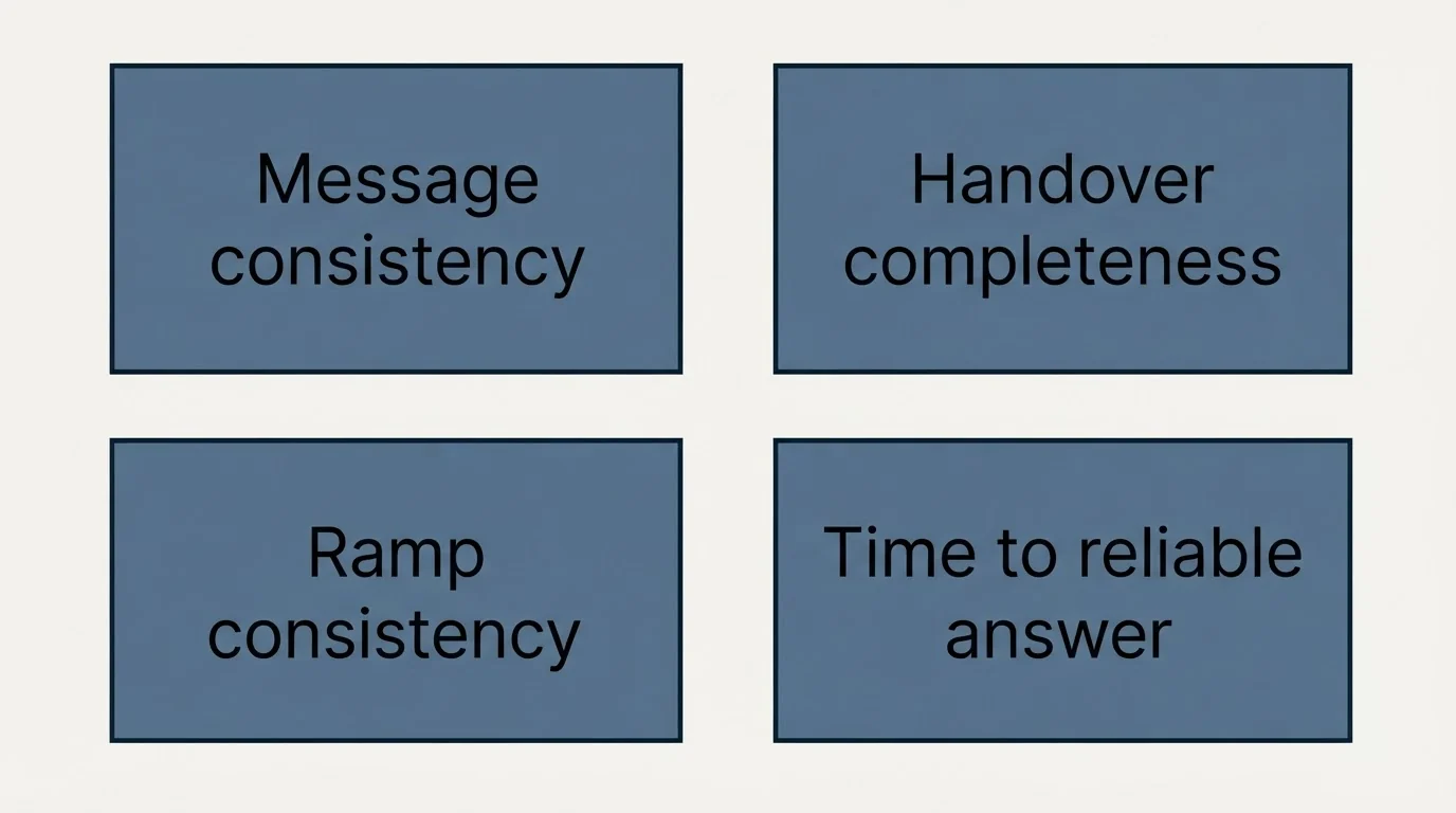 Schematic: How it is measured without pretending (Message consistency, Handover completeness, Ramp consistency, Time to reliable answer)