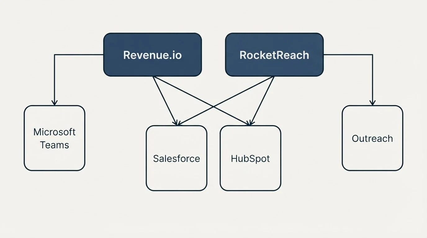Integration grid: Integration Ecosystem (Revenue.io, RocketReach, Salesforce, HubSpot)