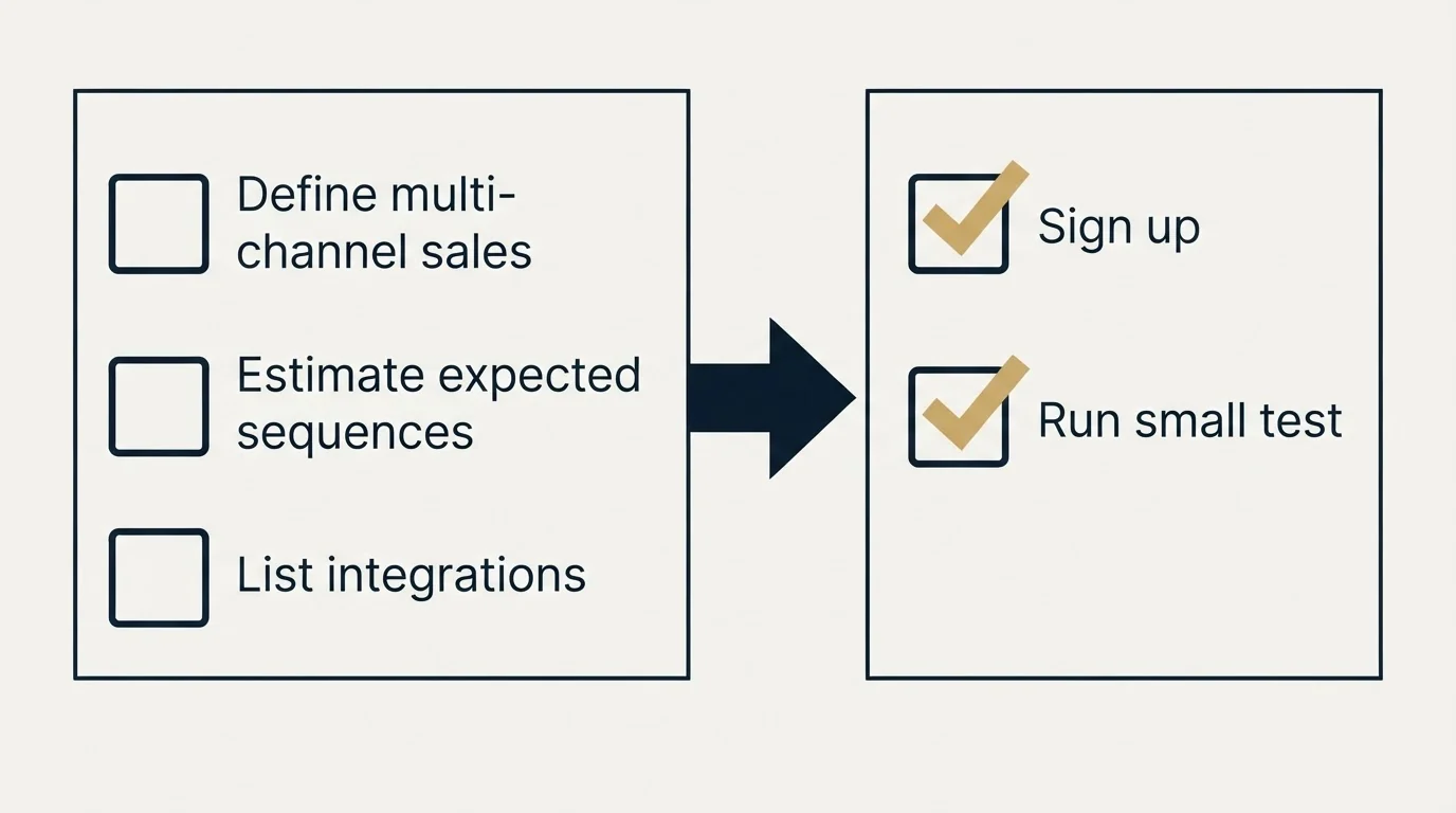 Before-and-after steps: Getting Started Checklist (Define multi-channel sales, Estimate expected sequences, List integrations, Sign up)