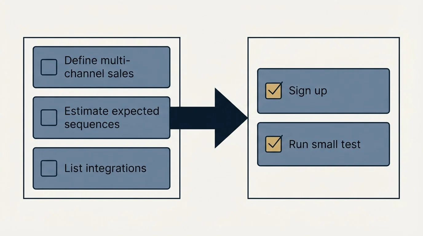 Before-and-after steps: Getting Started Checklist (Define multi-channel sales, Estimate expected sequences, List integrations, Sign up)