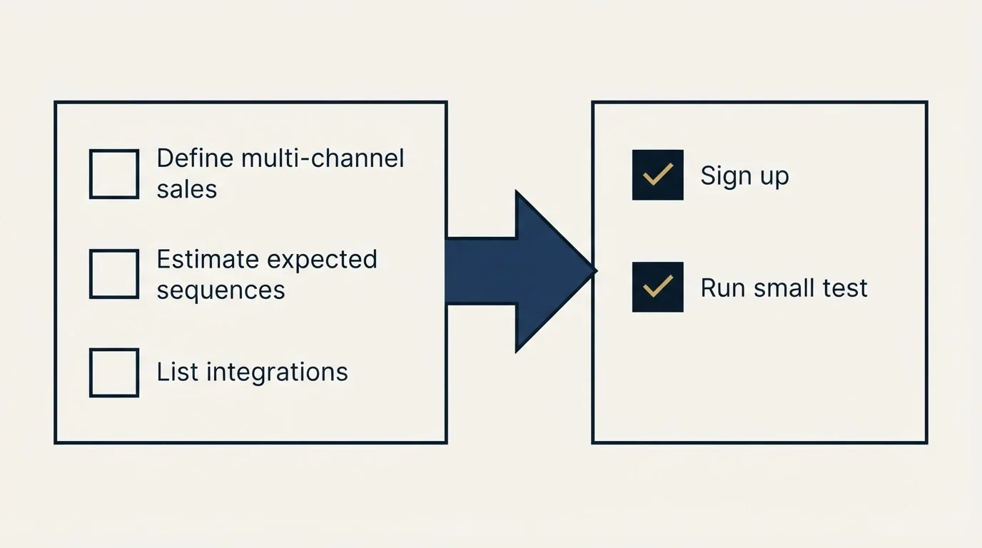 Before-and-after steps: Getting Started Checklist (Define multi-channel sales, Estimate expected sequences, List integrations, Sign up)