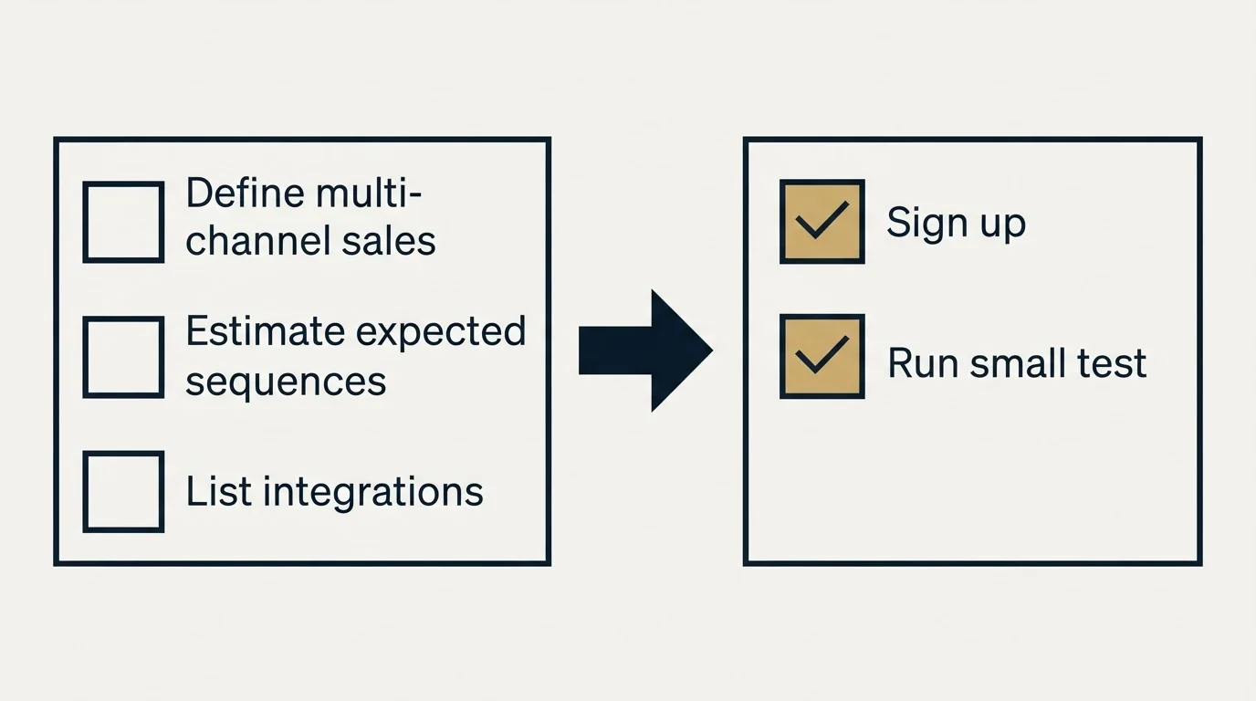 Before-and-after steps: Getting Started Checklist (Define multi-channel sales, Estimate expected sequences, List integrations, Sign up)