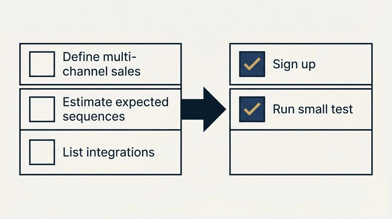 Before-and-after steps: Getting Started Checklist (Define multi-channel sales, Estimate expected sequences, List integrations, Sign up)