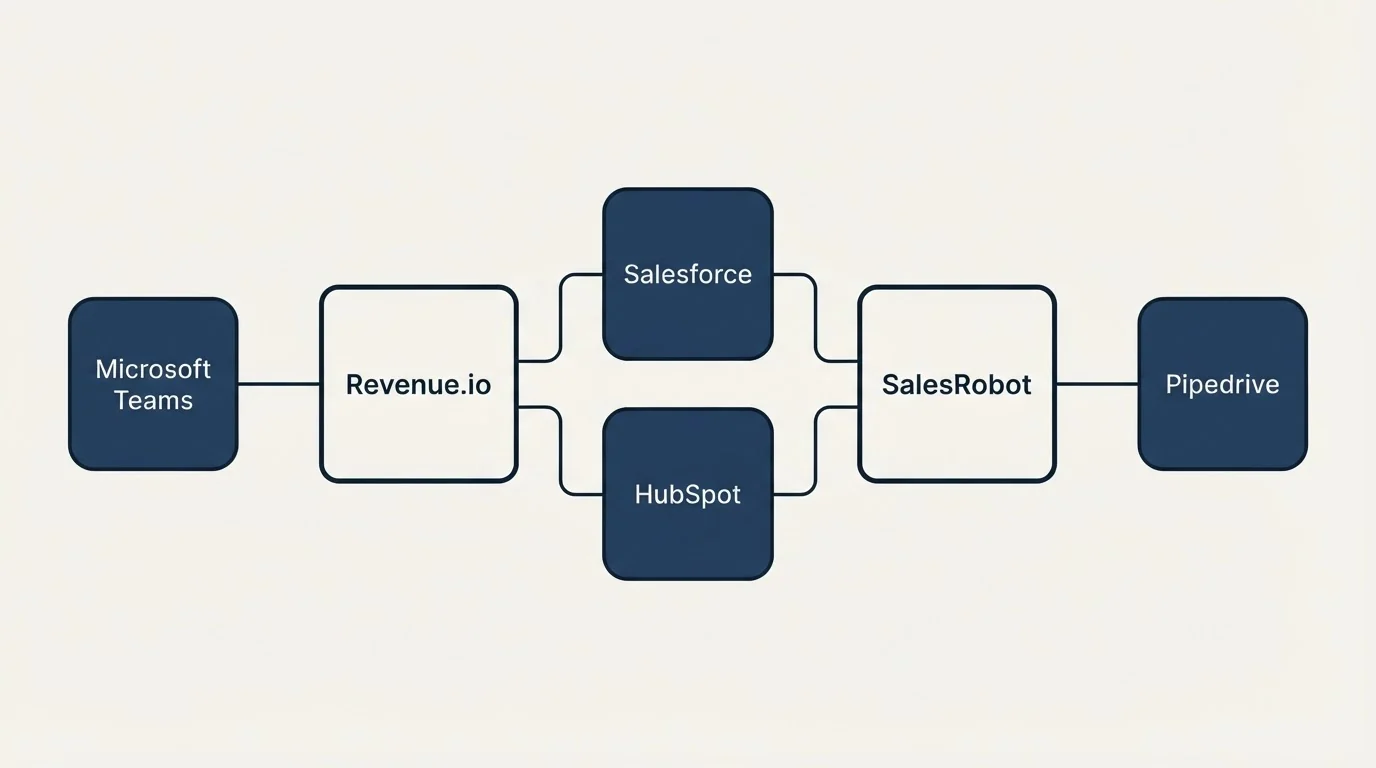 Integration schematic: Integration Ecosystem (Revenue.io, SalesRobot, Salesforce, HubSpot)