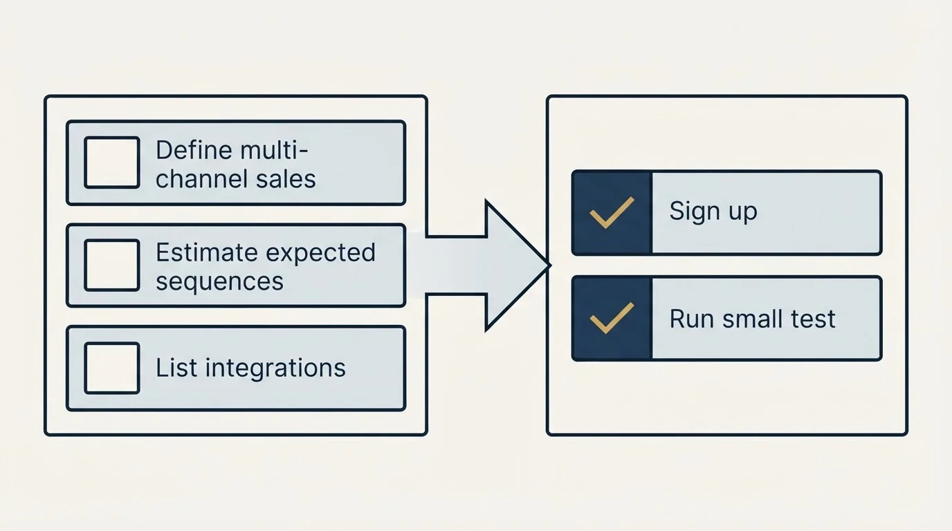 Before-and-after steps: Getting Started Checklist (Define multi-channel sales, Estimate expected sequences, List integrations, Sign up)