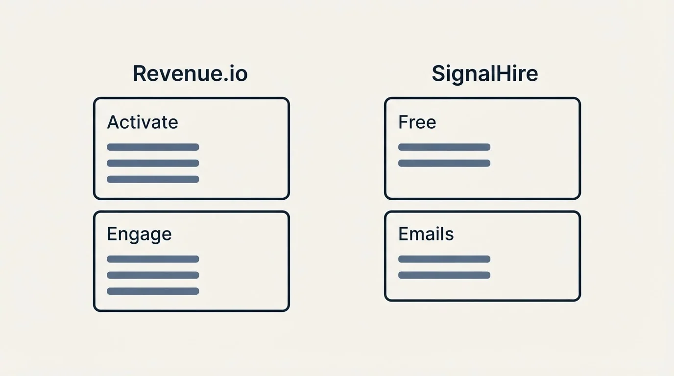 Pricing panels: Pricing Comparison (Revenue.io, SignalHire, Activate, Free)