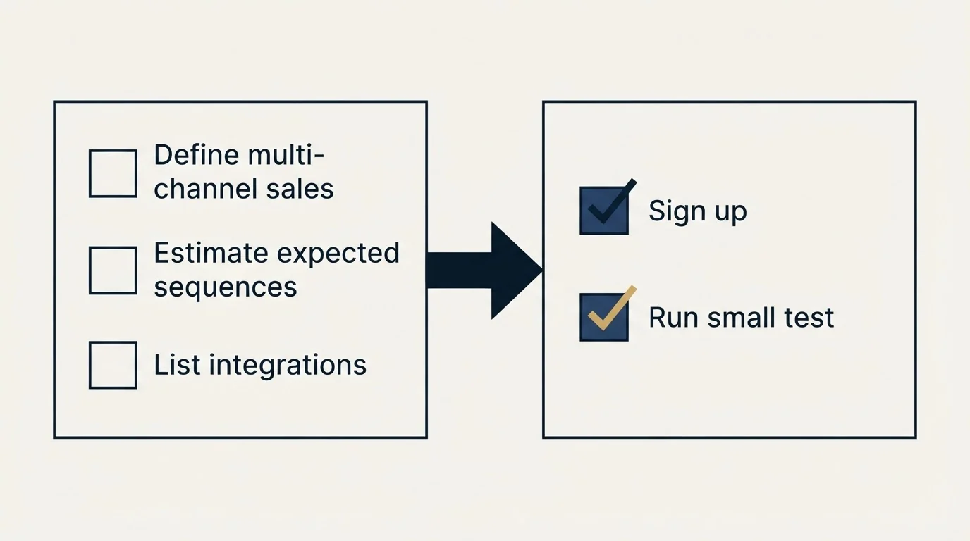 Before-and-after steps: Getting Started Checklist (Define multi-channel sales, Estimate expected sequences, List integrations, Sign up)