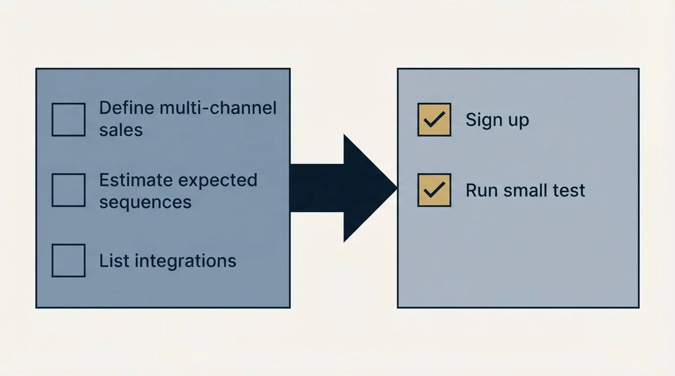 Before-and-after steps: Getting Started Checklist (Define multi-channel sales, Estimate expected sequences, List integrations, Sign up)