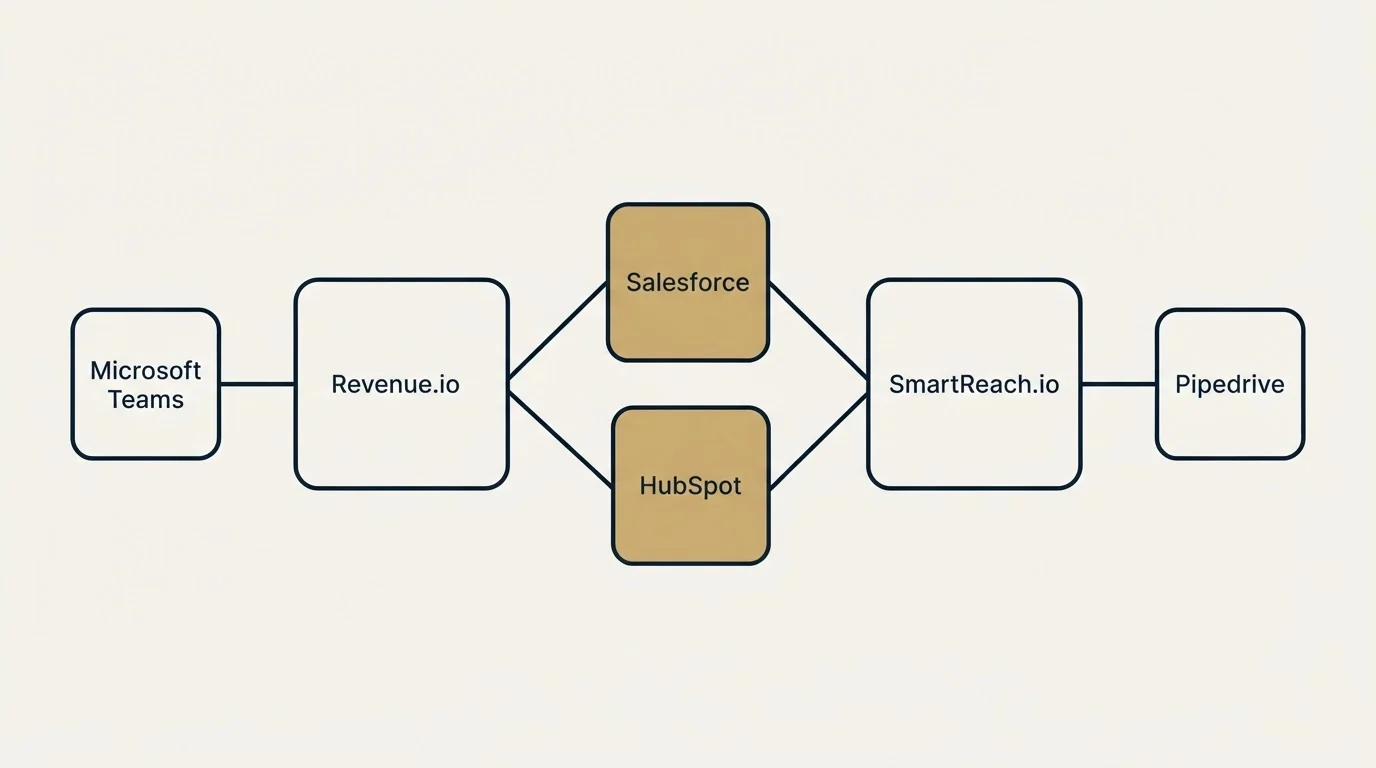Integration schematic: Integration Ecosystem (Revenue.io, SmartReach.io, Salesforce, HubSpot)